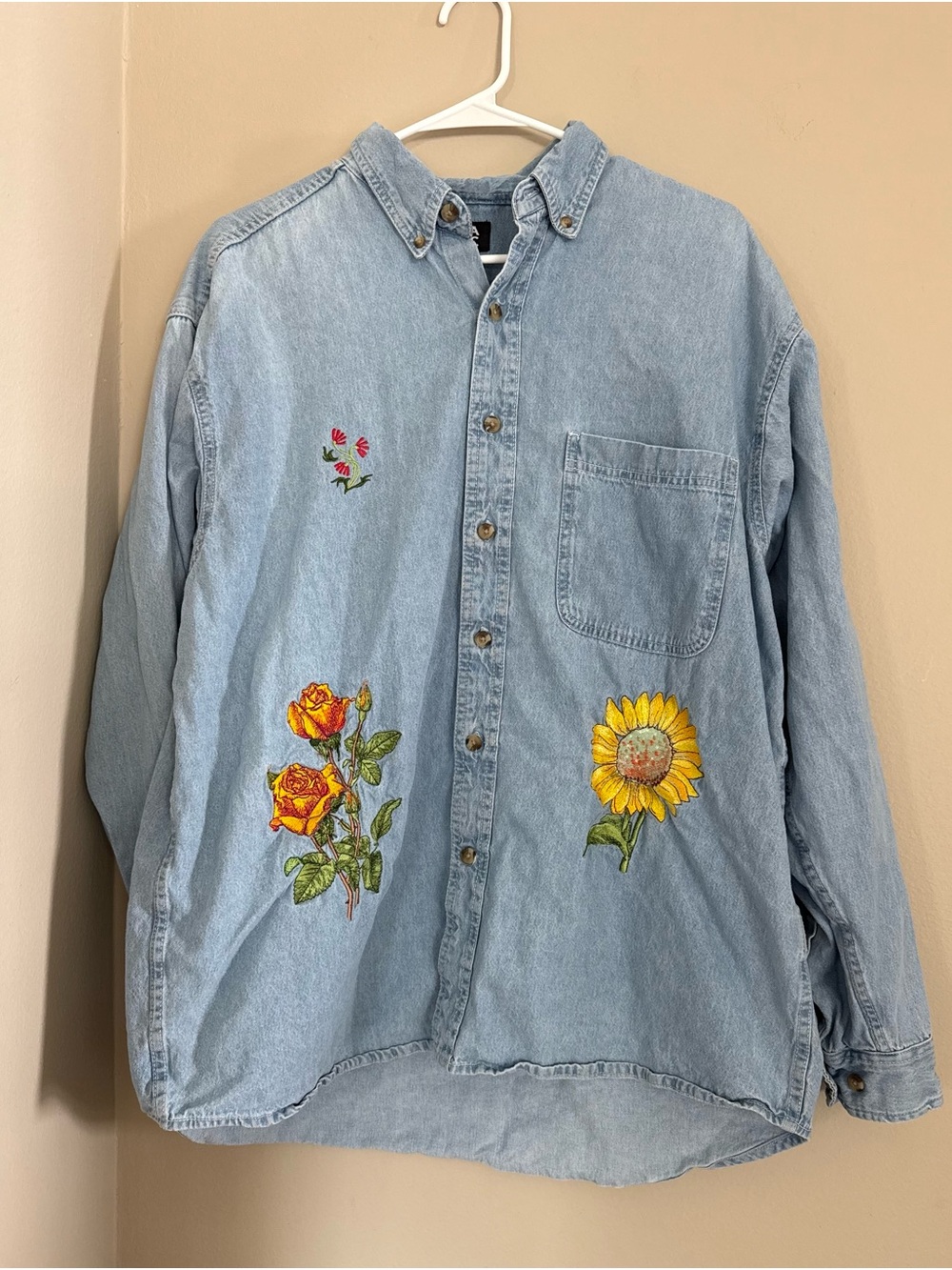 Vintage Embroidered Floral Light Wash Denim Shirt - Yellow & Green Accents